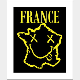 Vibrant France: Unleash Your 90s Grunge Spirit! Smiling Squiggly Mouth Dazed Smiley Face Posters and Art